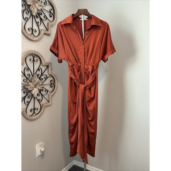 Big Hit Fashion Tie Front Midi Cocoon  Orange Copper Dress Size M - Picture 7 of 14